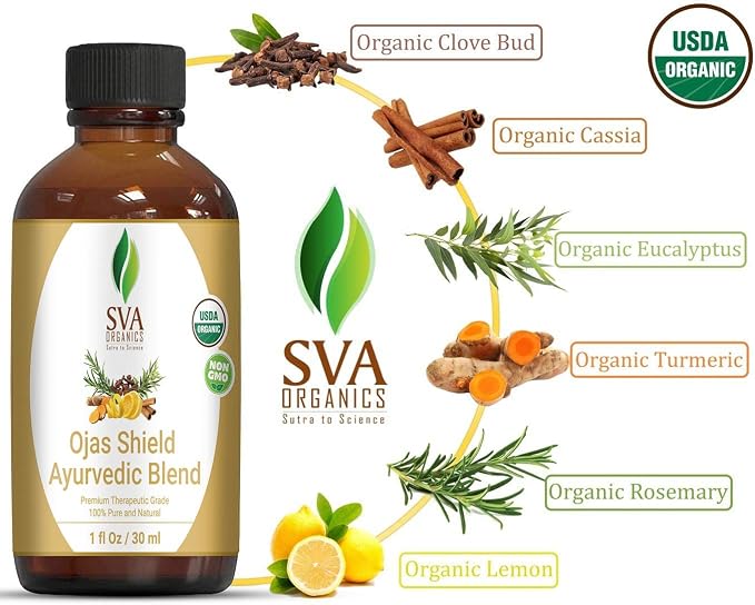 SVA Organics Ojas Shield Blend – 1 Fl Oz – 100% Natural Organic Oil - for Diffuser, Aromatherapy, Hair Care, Face, Skin Care and Body Massage
