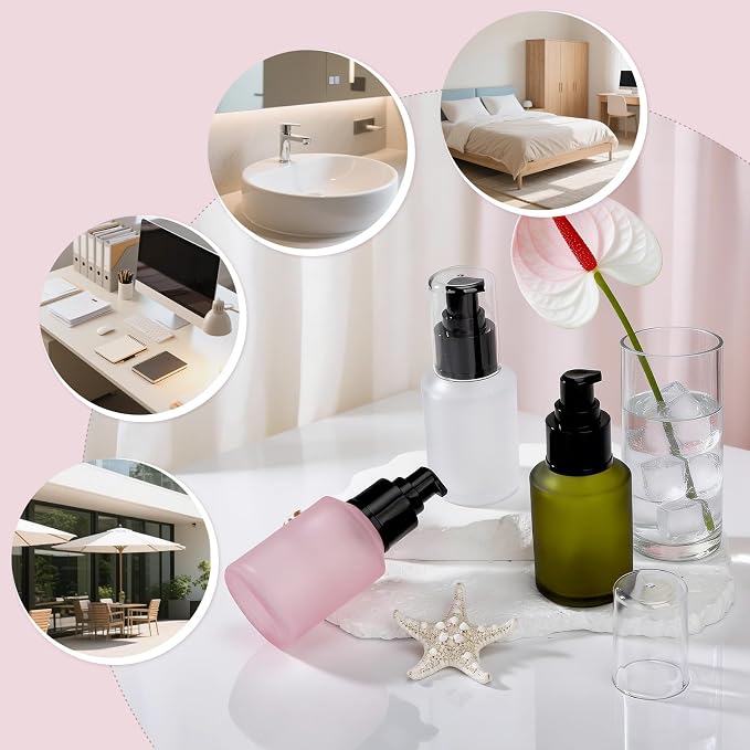 Segbeauty 2oz Frosted Glass Lotion Bottle Empty, 3pcs Travel Lotion Container, 60ml Refillable Glass Travel Bottles for Toiletries, Hair Oil Bottles, Mini Size Skincare Cream Pump Bottle Mixed Color