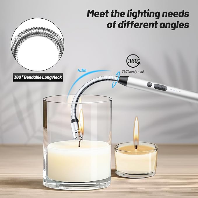 VEHHE Electric Candle Lighter, Plasma Arc Windproof BBQ Lighters with Touch Lock, Electric Lighter USB C Rechargeable with 360° Flexible Neck for Fireworks Camping Festivals (Silver)