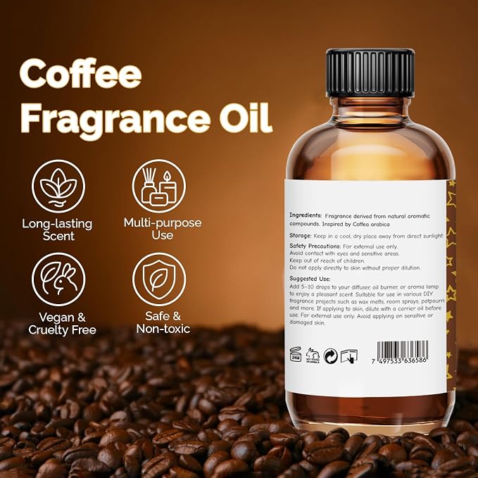GM Gumili Coffee Fragrance Oil 2 Oz, Natural Scent Oil for Home Essential Oils Diffuser, Candle Making, Soap Making, DIY Body Oils, Perfume, Body Mist, Spray - Roasted Coffee Bean Scent