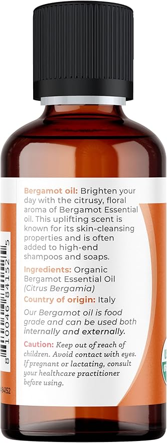 Viva Doria Bergamot Essential Oil, USDA, Certified Organic Bergamot Oil, 100% Pure, Natural Essential Oil, Undiluted, for Aromatherapy | Food Grade, 30 mL (1 Fluid Ounce)