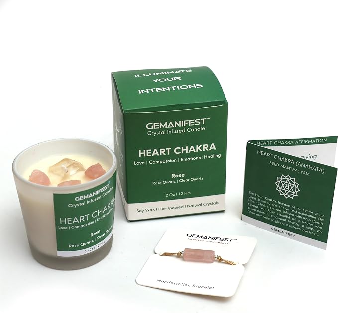 Heart Chakra Candle with Healing Crystals and Rose Quartz Bracelet Rose Scented Crystal Candle for Love Compassion and Emotional Healing Self Care Gifts for Women Meditation Gifts