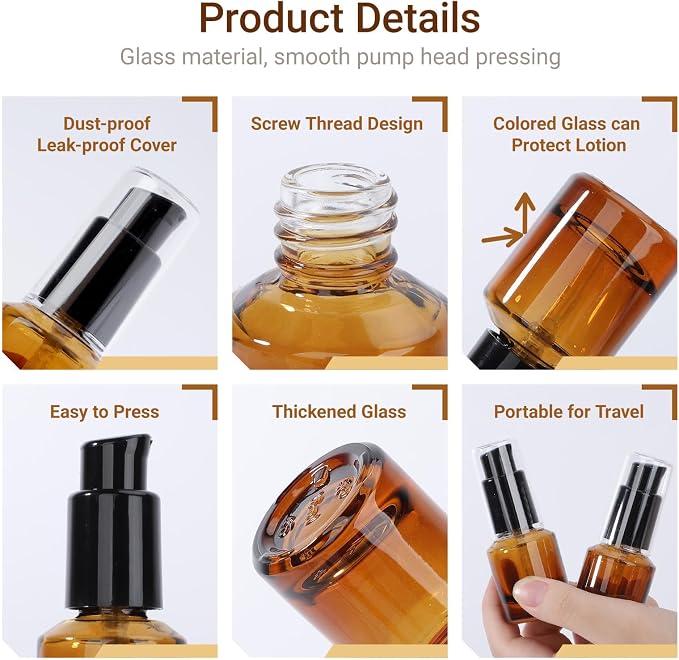 Segbeauty 0.5oz Glass Refillable Travel Bottles, 3pcs Lotion Pump Bottle Dispenser, 15ml Amber Mini Travel Containers for Creams, Lotion Dispenser with Pump, Small Sample Bottle Liquid Container