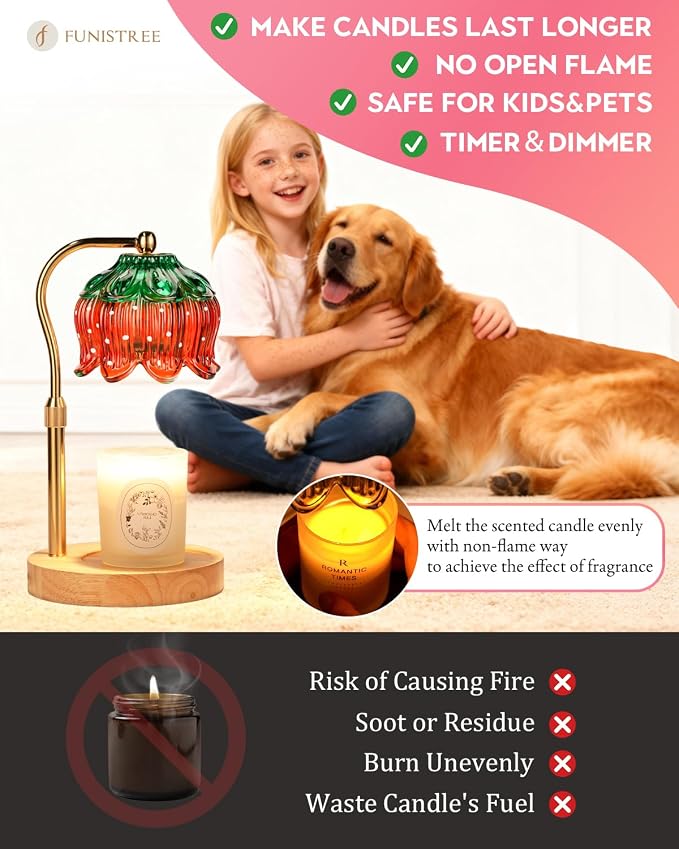 Funistree Flower Candle Warmer Lamp with Timer, Dimmable Candle Lamp Warmer, Christmas Birthday Gifts for Women Mom Her, Housewarming Home Decor, Lotus Wax Warmer for Yankee - Strawb Flower 10 Inch