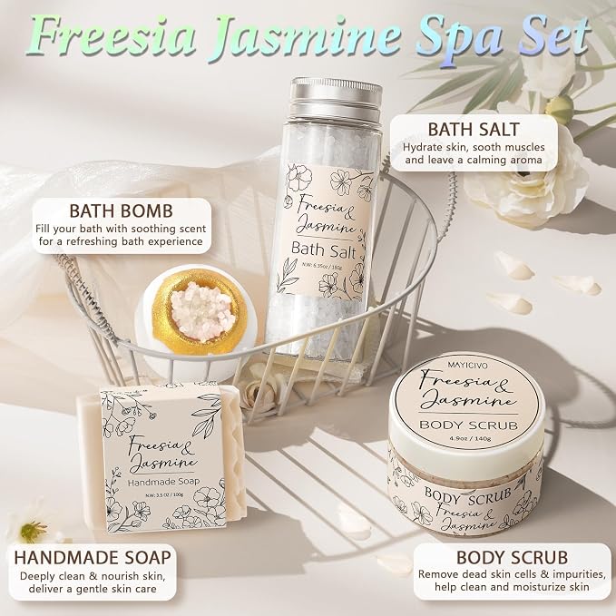 Spa Gifts for Women Bath Gift Set, Freesia & Jasmine Spa Gift Basket Home Bath Set Self Care Kit Care Package Thank You Birthday Mothers Day Easter Gifts for Women Her Mom Friend Sister Teen Girl Wife