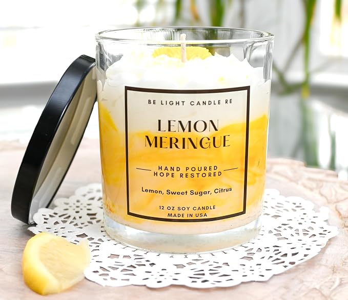 Lemon Candle | Purpose-Driven Soy for Women Scented | 12oz Whipped Topping | Non-Toxic Soy Candle Food Gifts for Women | Be Light Candle RE (Lemon Meringue)