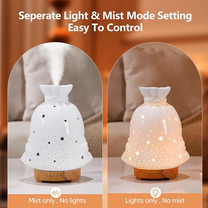 160ML Ceramic Diffuser for Essential Oils Lucky Bag Aromatherapy Diffuser Ultrasonic Cool Mist Humidifier with Intermittent Mist Modes Waterless Auto Off for Room Office