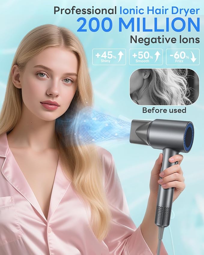 Hair Dryer, 110,000RPM Professional High-Speed Blow Dryer with Plasma Ion, Thermo-Control, 4 Heat & 2 Speed, Lightweight & Low Noise, Magnetic Nozzle for Fast Drying at Home, Travel & Salon