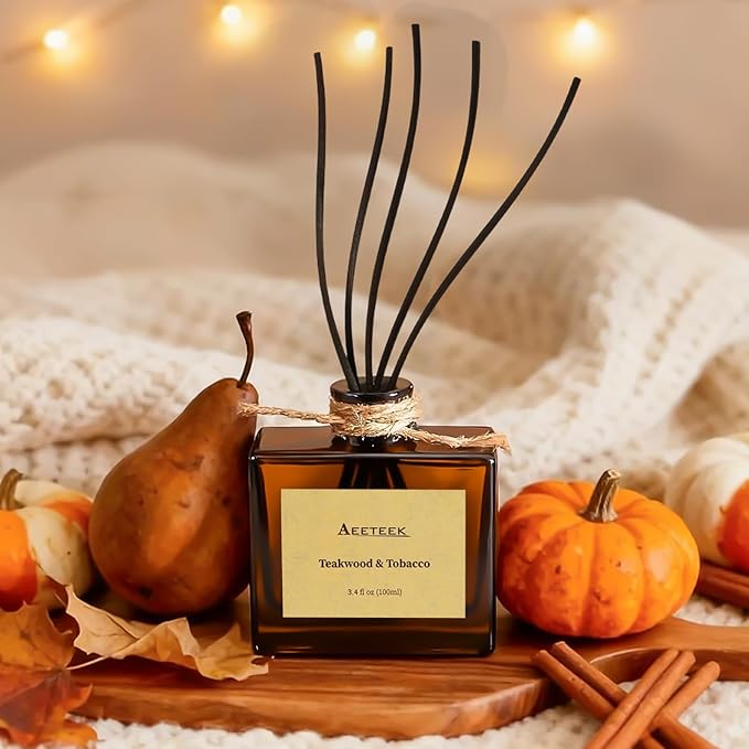 Reed Diffuser, Teakwood & Tobacco Essential Oil Diffuser with Dried Flowers, 3.4 oz Musk Scented Oil, Handmade Home Decor Air Freshener, Long-Lasting Room Scent for Office, Bathroom