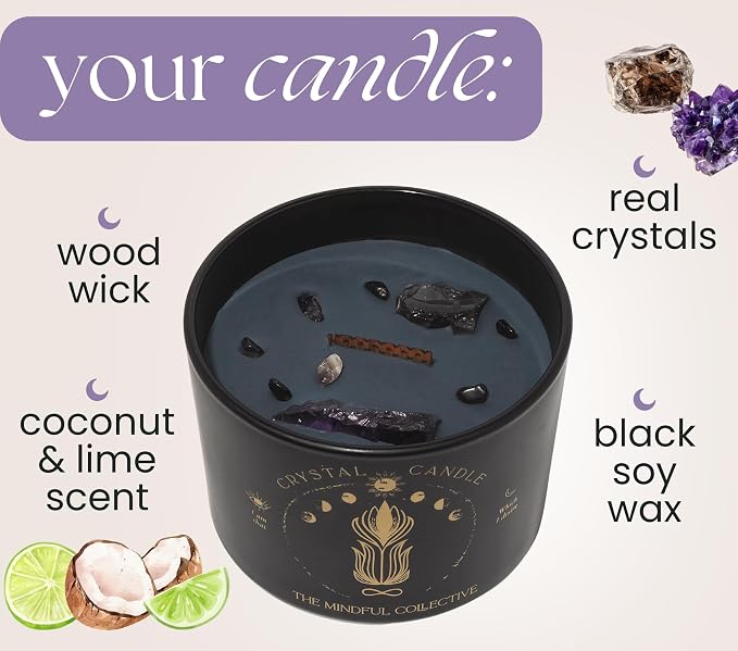 Large Candles for Women - 12oz Soy Wood Wick Candles that Crackle with Crystals and Healing Stones. Non-Toxic Scented, Luxury Aromatherapy (Crystal Black Candle)