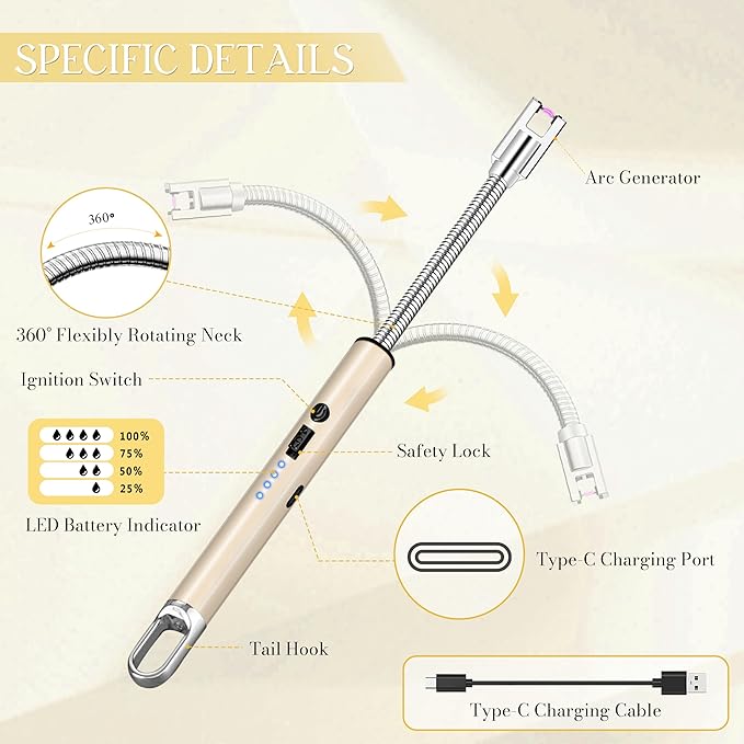 Electric Lighter, Candle Lighter Flameless Windproof with 360° Flexible Neck & LED Power Display, Type C Arc Rechargeable Lighters for BBQ, Camping, Cooking, Gift for Christmas, Thanksgiving, Birthday