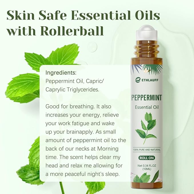 Peppermint Essential Oil Roll On, Natural Aromatherapy Oil Blend Roller with Fresh Minty Aroma - Headache, Stress Relief, Self Care Gifts for Women