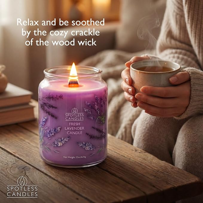 Lavender Candle 22oz: 130 Hours Burn Time, Large Jar Candle with Wooden Wick in a Decorated Jar with a Luxury Gift Box and Protective Shipper by Spotles Candles