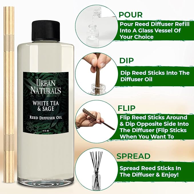Urban Naturals Reed Diffuser Oil Refill White Tea Sage with Bergamot, Soft Herbal Notes 8 oz + Free Reed Sticks, Made in the USA