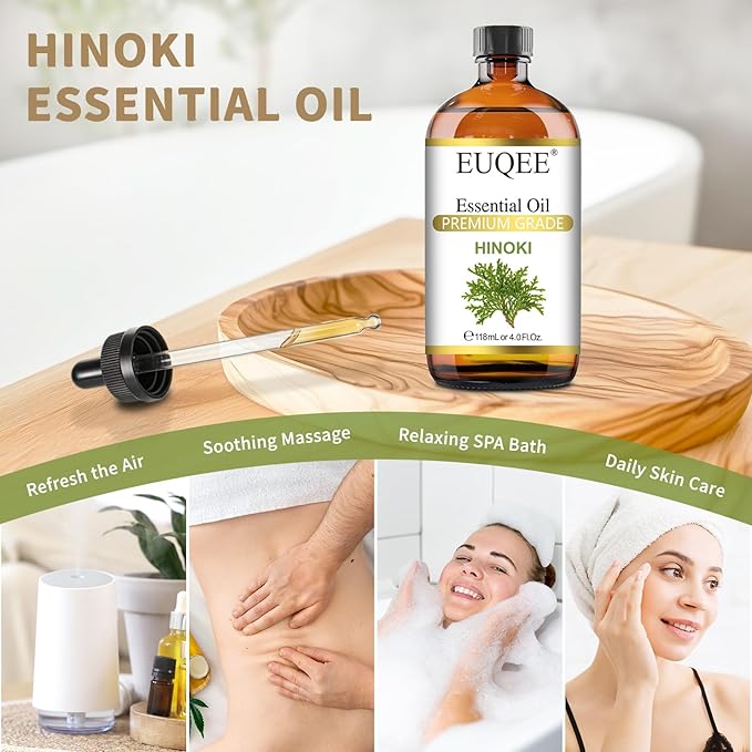 EUQEE Hinoki Essential Oil 118ml/4Fl Oz, Japanese Hinoki Oil Premium Natural Wood Scent Aromatherapy Oil with Glass Dropper for Meditation, Skincare, Diffuser, DIY Soap, Home Spa