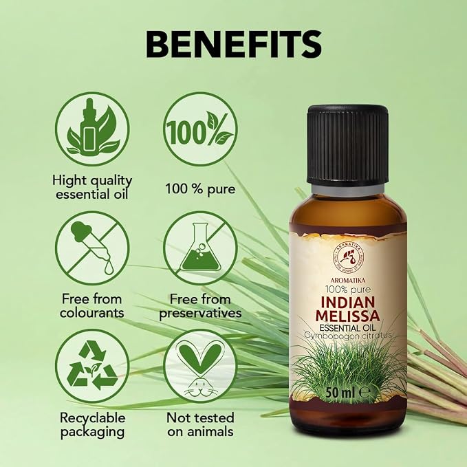 Melissa Essential Oil 1.7 Fl Oz - Melissa Indicum - Aromatherapy - Homefragrance - Pure Melissa Oil for Body Care - Diffusers - Sauna - Relaxation - Calming - Good Sleep