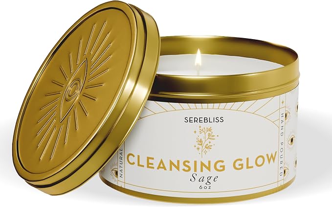 Sage Smudge Candle for Cleansing — 6oz Gold Tin Soy Candle, White Sage Scented, Smokeless Smudge Alternative for Manifestation, Protection, Meditation, Positive Energy & Spiritual Gifts