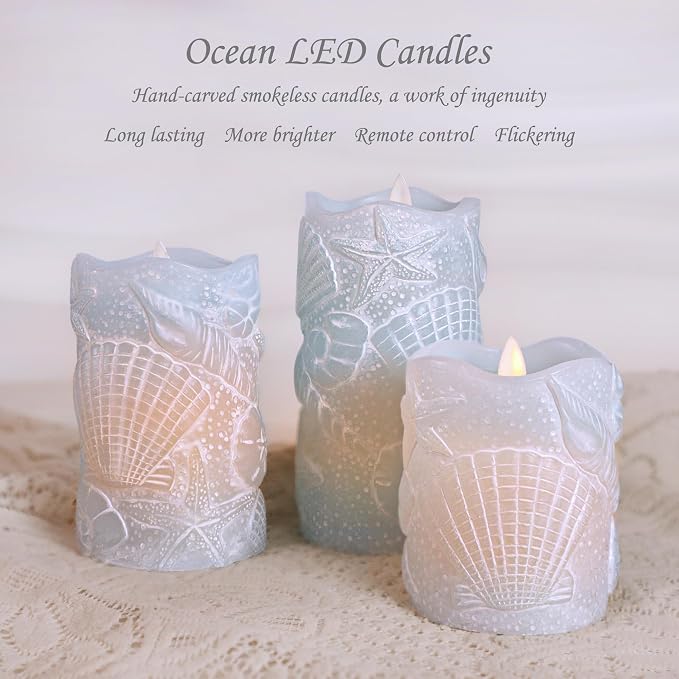 Ocean Flameless Candles Remote Carved Seashell Real Wax Flicker Battery Operated Candles for Home Party Wedding Nautical Thanksgiving Christmas Easter Decor - Set of 3(Blue)