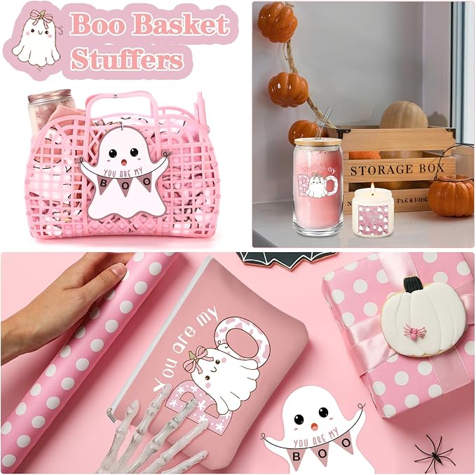 Roshtia 7 Pcs You're My Boo Jelly Basket Stuffers for Women Ghost Boo Throw Blanket Glass Mug Candle Jar Makeup Bag Plastic Handbag with Pen Card Girlfriend Gift
