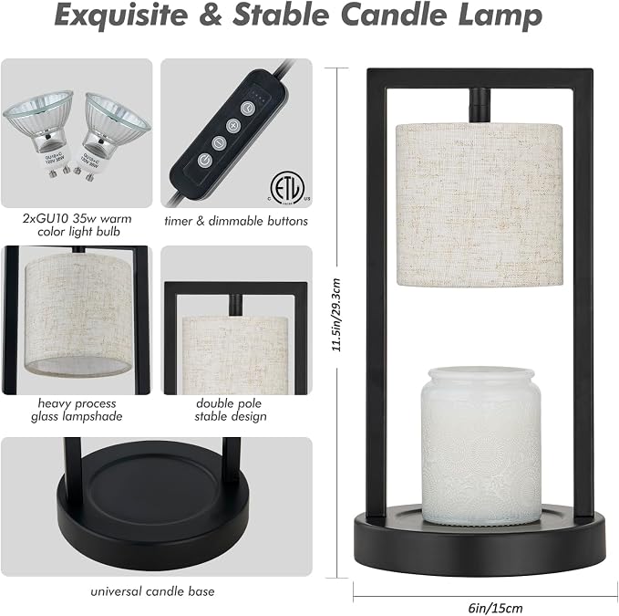 Candle Warmer Lamp with Timer, Black Candle Lamps Linen Fabric Shade, 3-Level Dimmable Candle Warming Wax Melt Warmer for Scented Wax, 50W Electric Warmer Lamp for Women Home Decor (2 Bulbs Included)