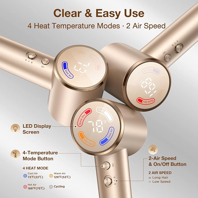 Hair Dryer with Diffuser, Grip-Sensor On/Off High-Speed Blow Dryer for Fast Drying, Ionic Hair Dryer 110000 RPM 1400W 200M for Frizz Reduce, Low Noise Thermo-Control for Curly Hair Light Gold