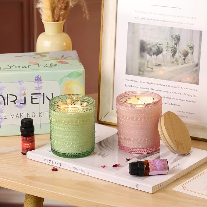 DARJEN Candle Making Kits for Beginners, DIY Starter Scented Candles Making Kit - 2 Glass Jars(Green, Pink), Soy Wax, Scented, Card & More, Full Soy Candle Making Supplies Set Perfect Gifts