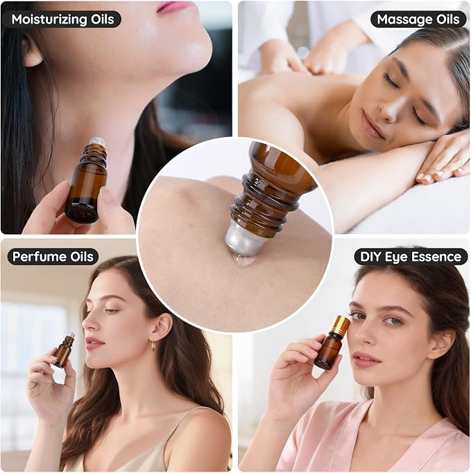Segbeauty 0.34oz Thick Amber Glass Roll On Bottles for Essential Oils, 5pcs Small Empty Oil Roller Bottles for Eye Essence, 10ml Travel Refillable Roller Ball Applicator, Perfume Oil Rollerball Bottle