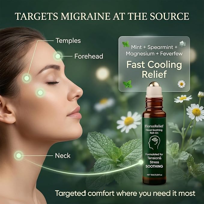 Florus Relief Roll on, Migraine Roll on with Magnesium Glycinate, Lavender, Peppermint, Chamomile for Headache Support (1)