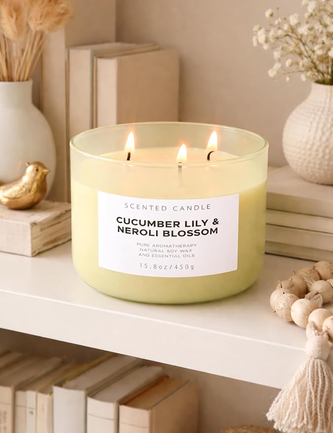 Cucumber Lily & Neroli 3-Wick Soy Floral Scented Candle for Women, 15.8oz | Orange Blossom & Citrus Notes, Aromatherapy, Large Jar, Clean Burn, Home, Bath & Bedroom, Gift for Her, Housewarming