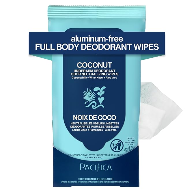 Pacifica Beauty Coconut Milk & Essential Oils Underarm Deodorant Wipes, Helps Remove Odor, Aluminum-Free, Vegan & Cruelty-Free, 30 Wipes (1-Pack)