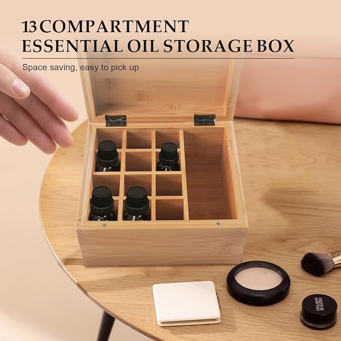 Pure Vie Wooden Essential Oil Storage Box Travel Organizer Case with Bottle Cap Label - Aromatherapy Nail Polish Fragrance Container, Holds 13 Bottle for 5-30ml - Keep Scented Oil Safe & Space Saver