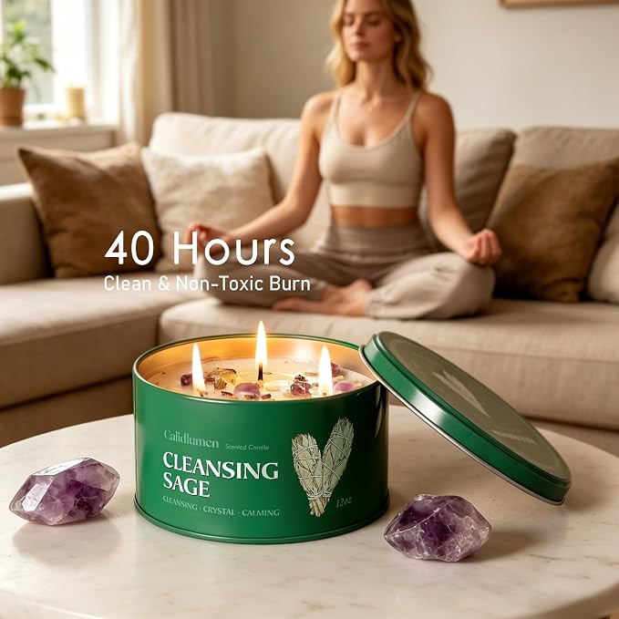 Sage Candle for Cleansing - 3 Wick 12 oz Soy Candle with Crystal and White Sage Crumbles, Organic Sage Candles Cleansing House Negative Energy