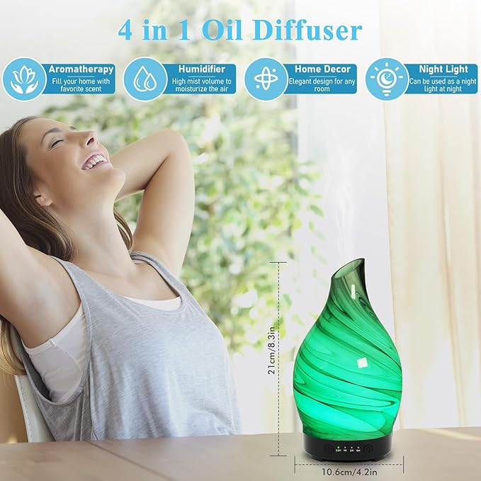 Essential Oil Diffuser 150ML, Glass Aromatherapy Diffuser with 4 Timer Settings & 7 Color Changing, Waterless Auto Shut-Off, Ultra Quiet Oil Diffuser, Mothers Day for Home, Office, Yoga, Spa