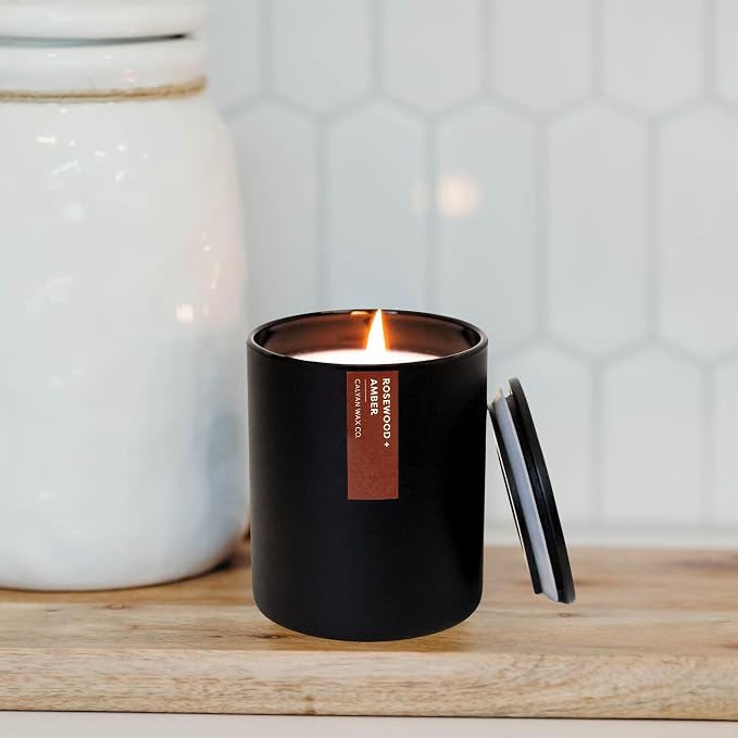 Calyan Wax Co. Rosewood & Amber Scented Candle - 75 Hour Burn - Luxury Clean Soy Wax Candles - Long Lasting Black Tumbler Jar Candle for Home - 10.2oz