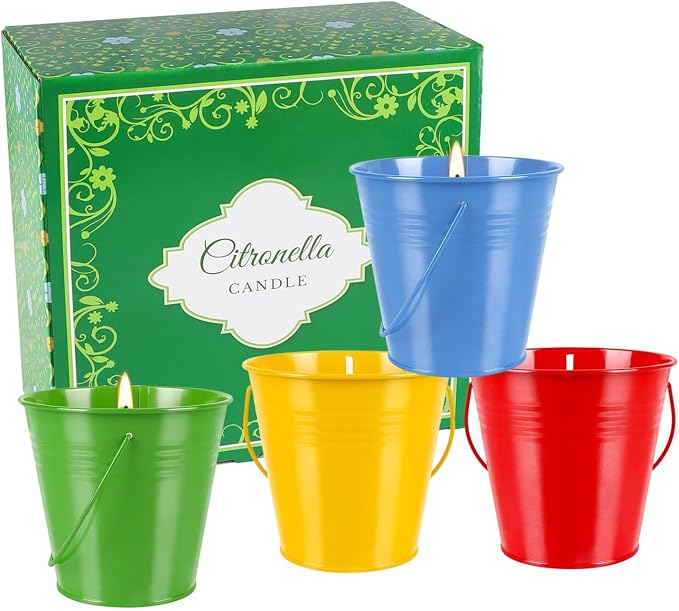 4 Pack 12oz Citronella Scented Candles, Colorful Metal Bucket Candles with Handle, Smokeless Clean Burning Candles for Home, Patio, Camping & Outdoor Gatherings