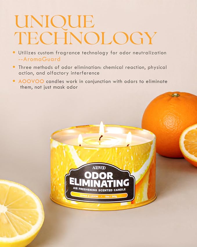 AOOVOO Citrus Lemon Odor Eliminating Candle - 3 Wick 12oz Long Lasting Highly Fragranced Candle, Eliminates 95% of Smoke, Food, Pet and Other Smells Quickly, Large Air Freshing Soy Candles