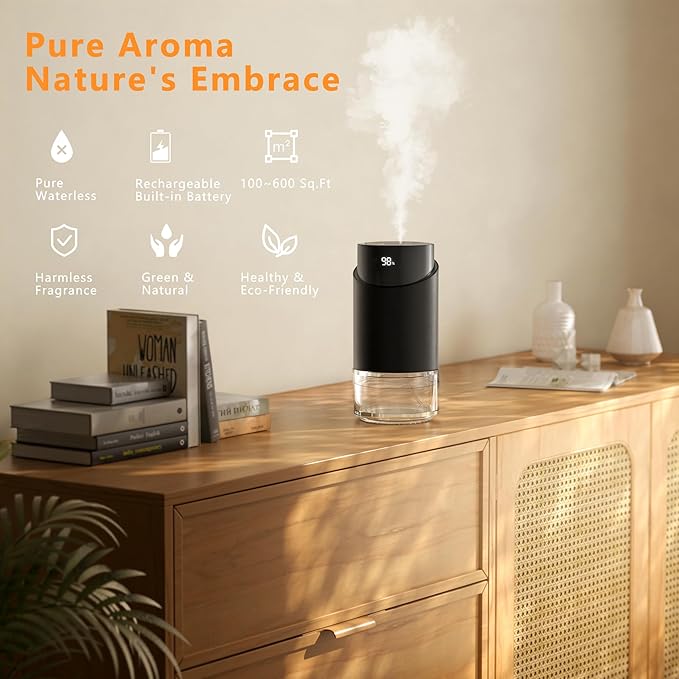 Waterless Essential Oil Diffuser - Rechargeable Black Aluminum Alloy 100ml Scent Machine with 4 Timers, 3 Mist Levels & Vehicle Mode for Home, Car, Office, Studio