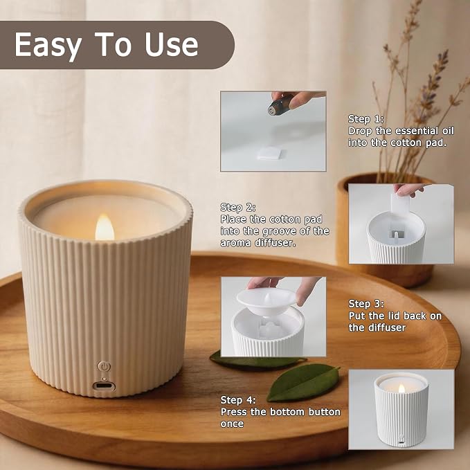 Non-Rechargeable 2 in 1 LED Candle Waterless Diffuser and 3D Wick and Realistic Flame Candle,Flameless Candle Diffuser,Waterless Essential Oil Diffuser with 12PCS Cotton Pads(Connect USB Line Use)
