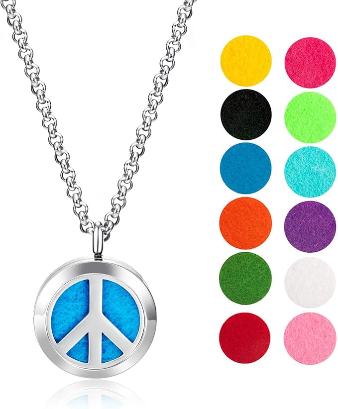 Wild Essentials Peace Sign Essential Oil Diffuser Necklace, Stainless Steel Locket Pendant with 24 inch Chain, 12 Color Refill Pads, Customizable Color Changing Perfume Jewelry for Aromatherapy