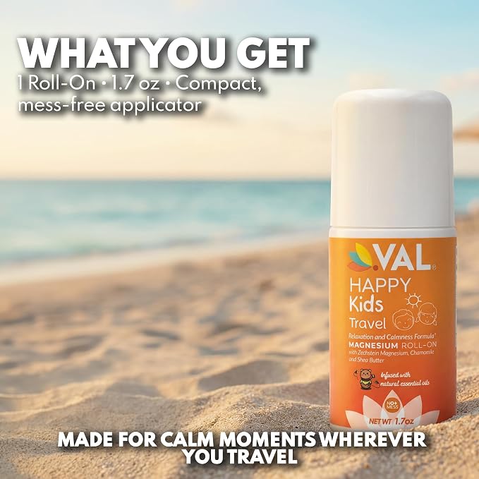 VAL Happy Kids Travel Magnesium Roll-On, Relaxation & Calmness Formula for Kids, Zechstein® Magnesium with Chamomile & Shea Butter, Topical Roll-On, 1.7 oz