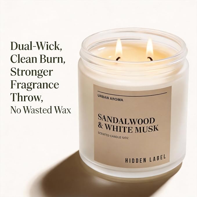 Hidden Label Sandalwood White Musk Soy Candle, 12oz 2-Wick, 70H Zen Calm | Non-Toxic Vegan Soy Wax | Sandalwood & White Musk Grounding Scent | Even Melt No Tunneling | Yoga Meditation Relaxation Gift