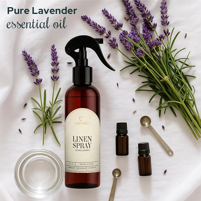 Carnatia Lavender Linen Spray – Calming Aromatherapy Mist with Essential Oils | Relaxing Fabric & Room Spray for Linens, Bedding & Curtains | 8 fl oz Bottle for Soothing Comfort