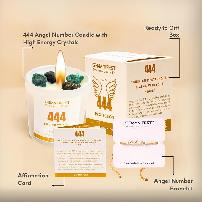 Angel Number 444 Manifestation Candle Crystal Infused Soy Wax with Black Tourmaline and Green Aventurine Patchouli Scented Spiritual Gift for Protection and Energy Alignment