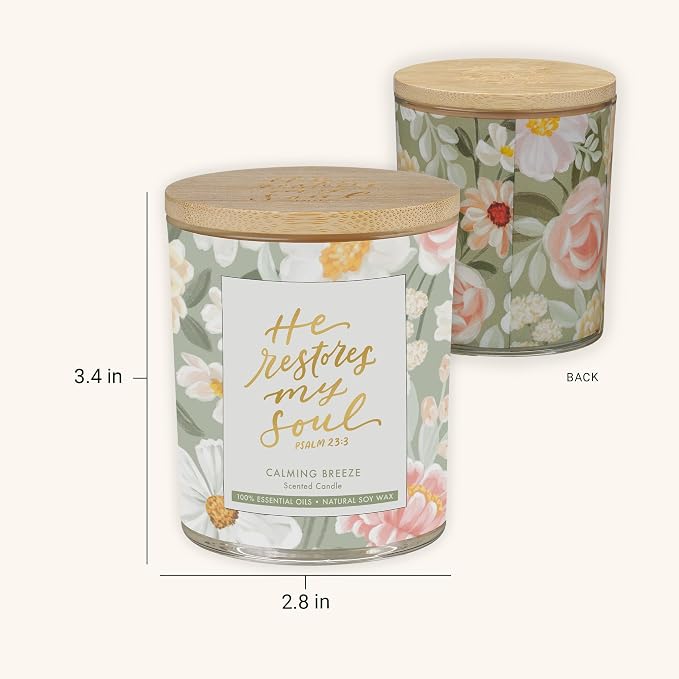 Christian Art Gifts Soy Wax Scented Candle: He Restores My Soul Bible Verse, Calming Breeze Scent, Pure Essential Oils, 4.5 oz, Up to 20 Hours Burn Time, Glass Jar w/Bamboo Lid, Encouragement Gift