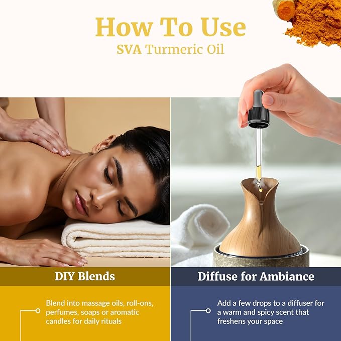 SVA Turmeric Essential Oil 4 Fl Oz – for Diffuser, Skin & Hair Care – Ideal for Massage & DIY Blends - with Dropper
