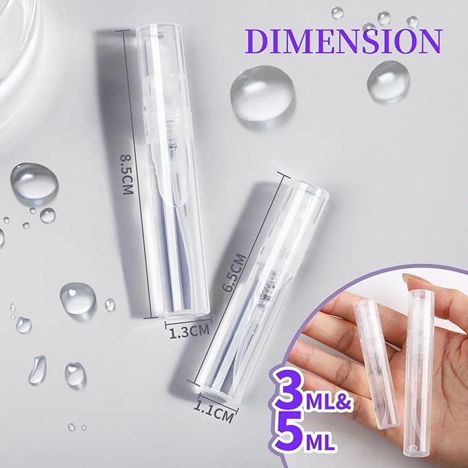 Fandamei 60PCS Mini Spray Bottle, 30PCS 3ml Mini Clear Plastic Spray Bottle Empty with 30PCS 5ml Fine Mist Refillable Mini Perfume Bottle. Small Empty Sample Containers Bottle.