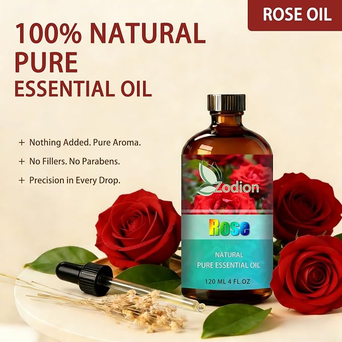 Rose Essential Oil, Rose Fragrance Oil for Diffuser, Massage, Humidifier, DIY Candle, Soap Making, Home, Bath, Yoga - 4 fl oz (120ml) - ZODION Essential Oils