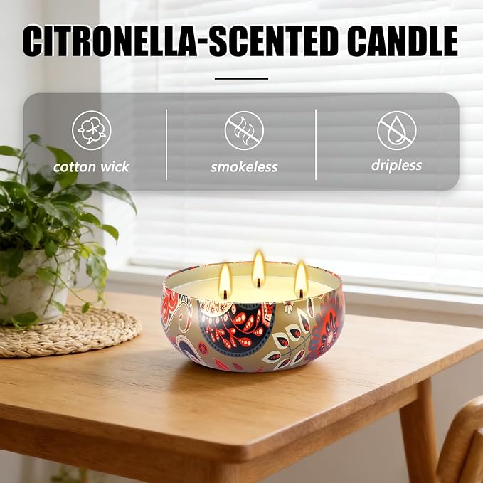 Set of 4 Large 13.5 oz Scented Citronella Candles Outdoor, Natural Soy Wax Floral Tin Candles with Cotton Wicks, Smokeless & Dripless for Patio Garden Camping, Summer Housewarming Gift