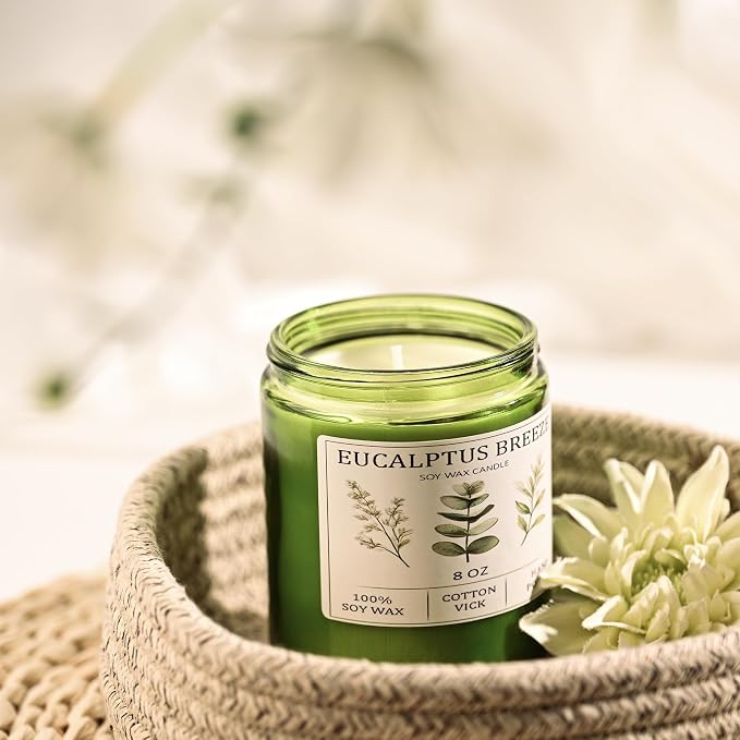 Eucalyptus & Mint Candles for Home Scented, 40 Hours Burn Soy Candle Gift for Women Stress Relief, Meditation, Yoga, Relaxing, Natural Soy Wax for Men and Women, 8oz
