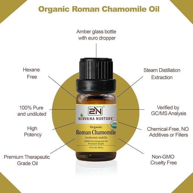 Roman Chamomile Essential Oil, USDA Certified Organic, 100% Pure Undiluted, Aromatherapy Oil for Diffuser, Hair & Skin Care